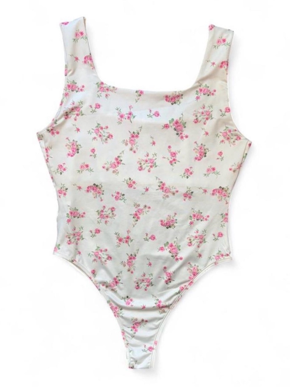 White Floral Scoop Neck Bodysuit with Pink Roses Size Large